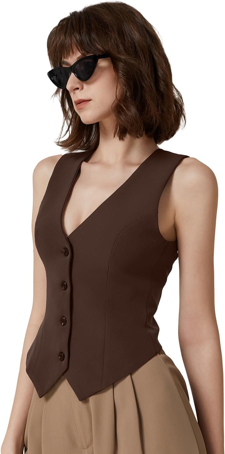 QINSEN Womens Vest Top V Neck Sleeveless Button Down Lined Going Out Crop Tops Coffee Bean XL - Image 2