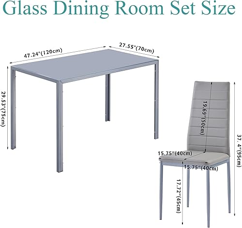 Miniatura 8 de paonne Juego de mesa de comedor de cristal de 5 piezas con sillas, juego de mesa de comedor gris para 4, juego de mesa y sillas de cocina de