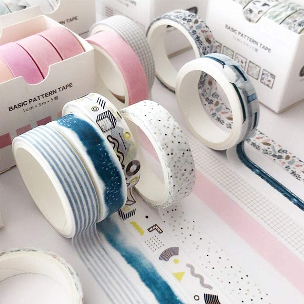 Zestaw 5 rolek taśm Washi kreatywne podstawowe wąskie taśmy dekoracyjne do sztuki, do samodzielnego wykonania, do majsterkowania, Bullet Journal, Planer, Scrapbooking, Owijanie (Ink Blue)
