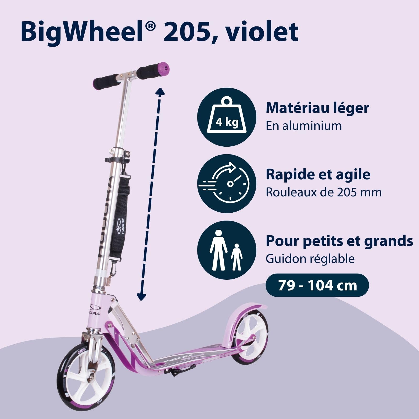 HUDORA BigWheel Scooter 205 I Trottinette Stable en Aluminium I Trottinette de Ville réglable en Hauteur & Pliable I Trottinette pour Enfants & Adultes jusqu'à 100kg I Trottinette avec béquille
