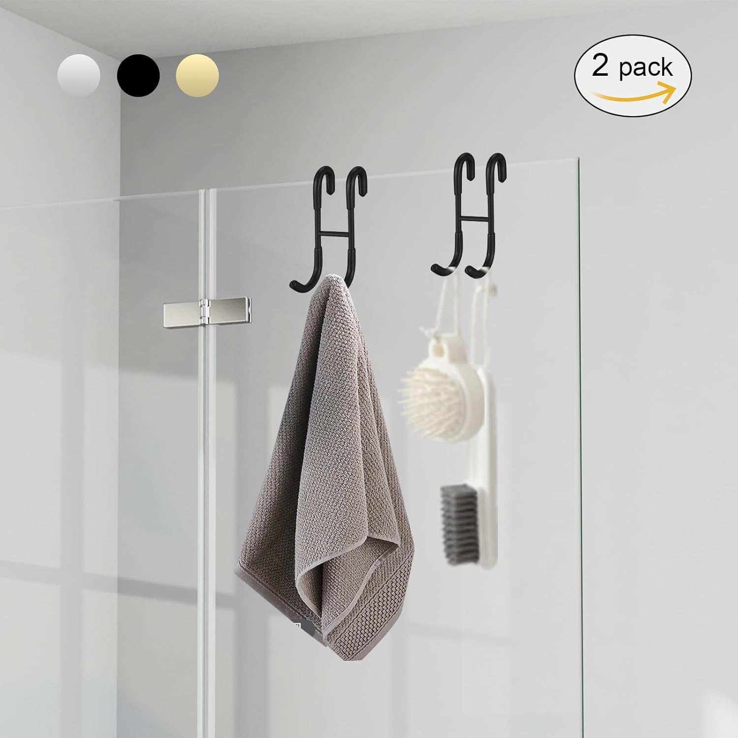 Homevacious 2 Pack Shower Door Hooks Towel Hooks for Bathroom Frameless Glass Shower Door SUS 304 Stainless Steel Drilling-Free Hanger Shower Hooks- Matte Black