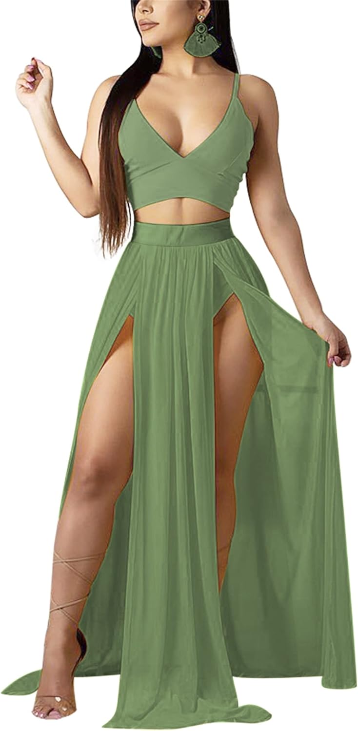 Women Sexy 2 Piece Outfits Dress Chiffon Strap Deep V Neck Bra Crop Top High Split Maxi Dresses Skirt Set Swimwear Cover Ups Light Green Large