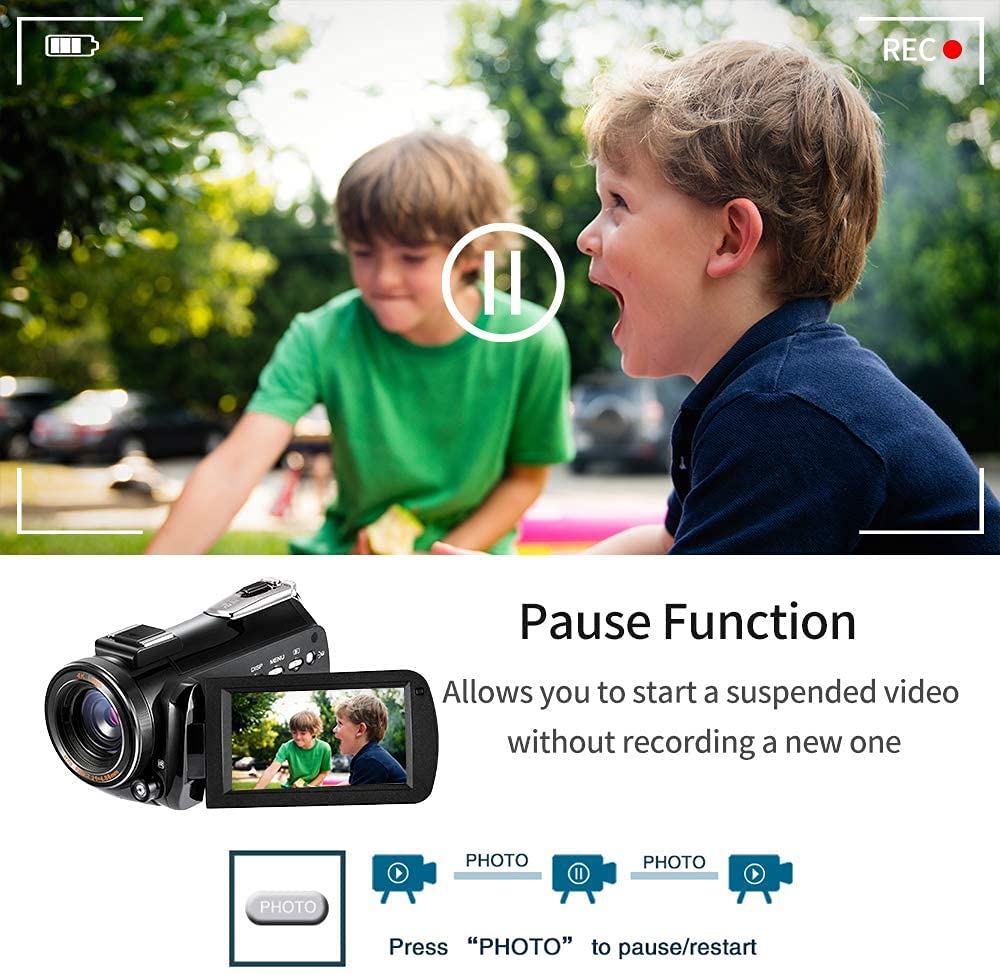 ORDRO Caméra Vidéo 4K Caméscope Full HD 1080P 60FPS Vlogging Caméra pour Youtube Zoom Numérique 30X Écran IPS 3,0" avec Microphone, Lumière LED, Support de Caméra et étui de Transport