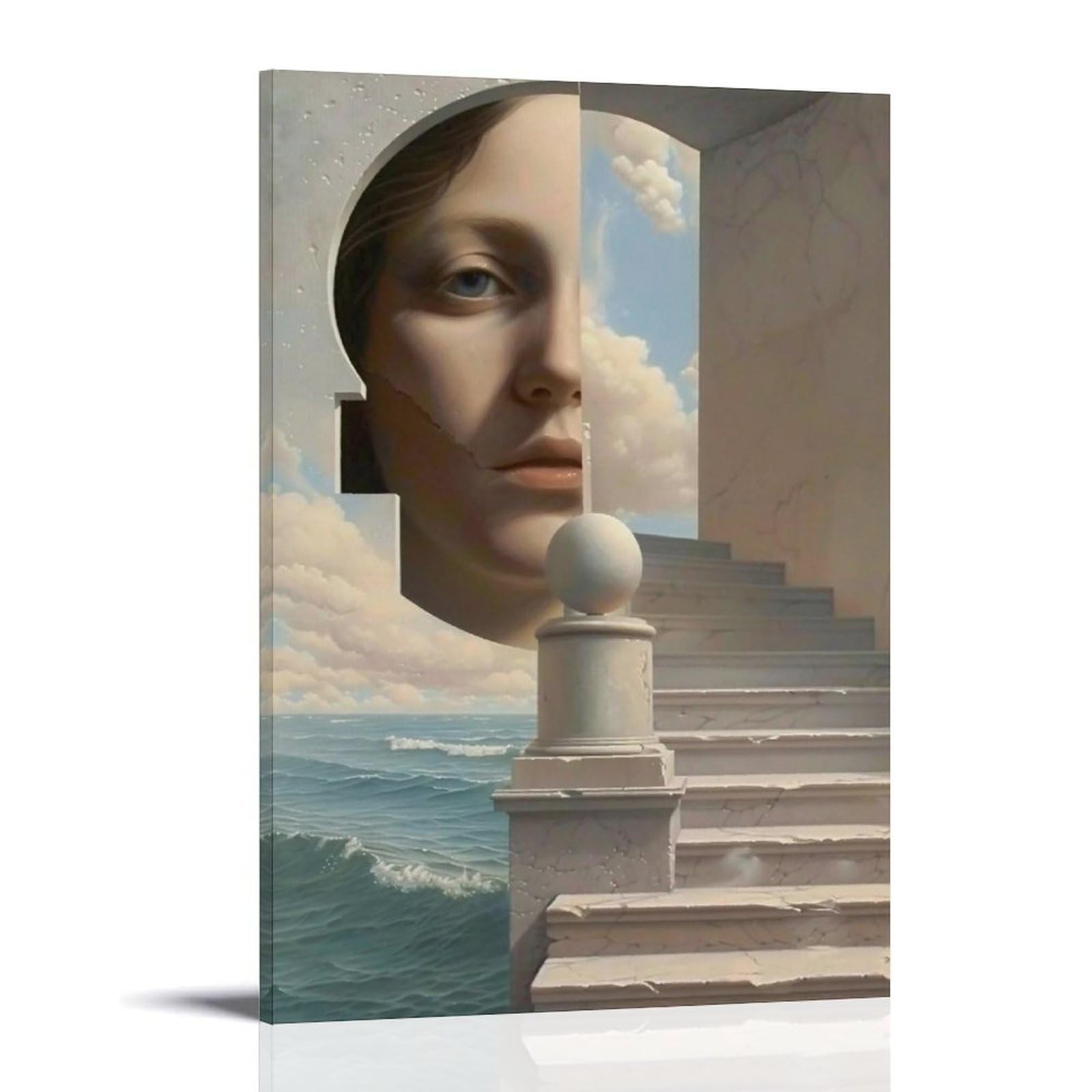 MGHTGRWE Dreamlike Surreal Step & Ocean Composite Scene 04 Poster Wall Art Canvas Vintage Aesthetic Painting Decor for Rooms 16x24inch Frame-style