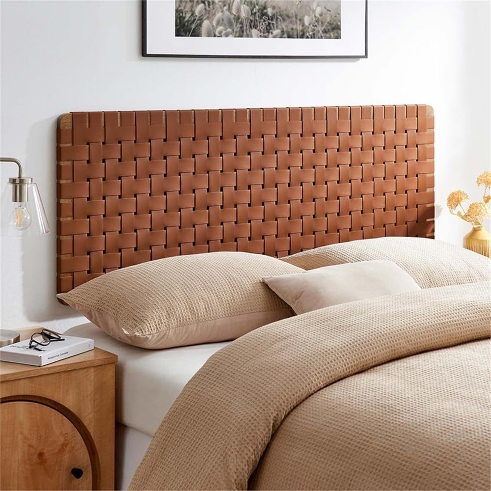 Pemberly Row Wall-Mount Queen Headboard, Basket Woven Vegan Leather, Walnut Brown Finish, Solid Wood Frame, Adjustable Height, Space-Saving Design for Primary or Guest Bedroom Decor