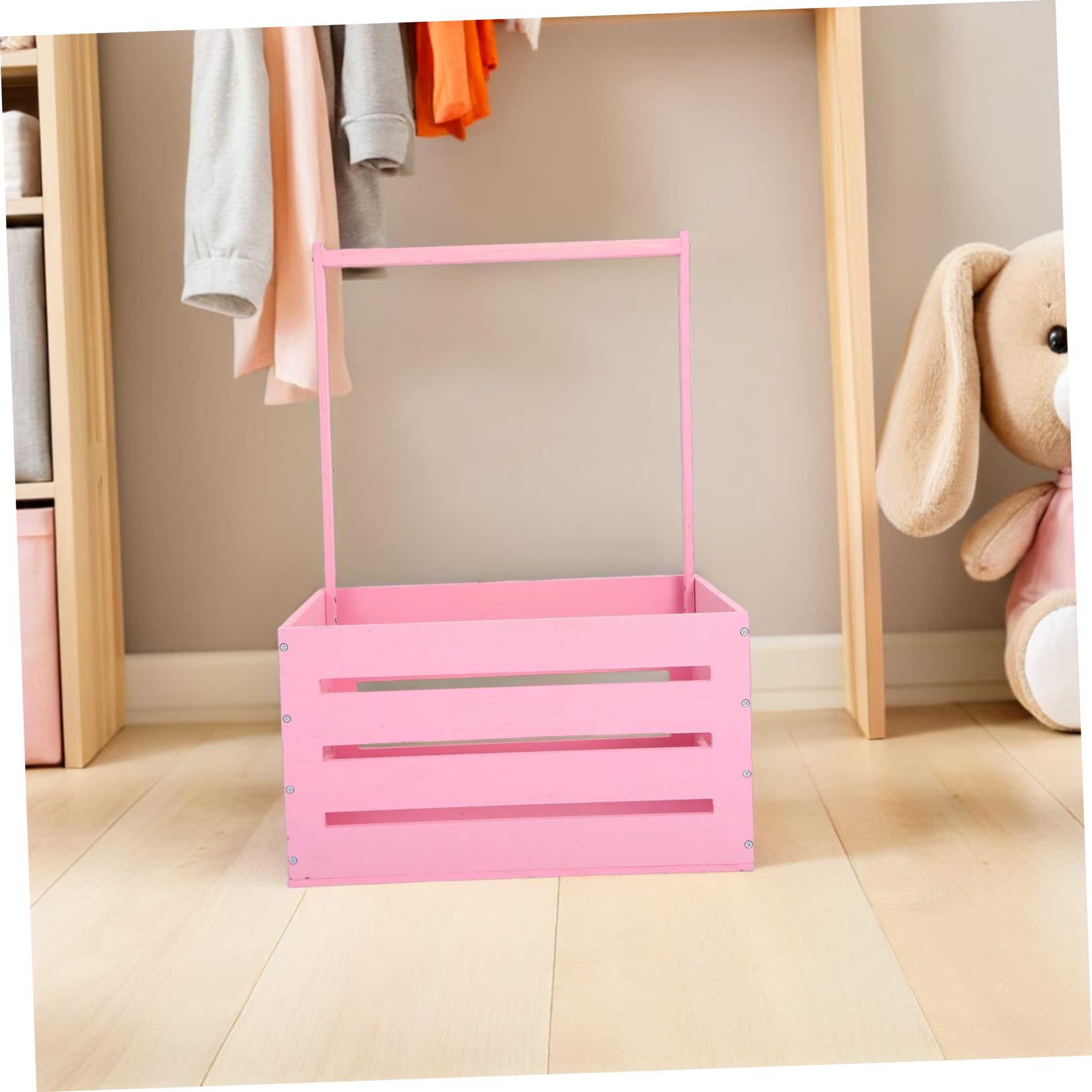Cesta de Madera con Asa Rosa para Baby Shower y Almacenaje