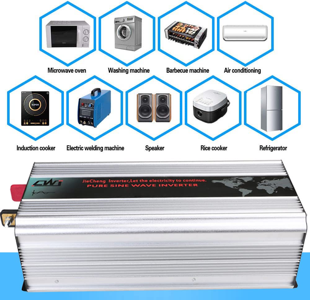 2000W 3000W 4000W 5000W 6000W fala sinusowa czysta 12V 24V 48V 60V 72V do 110V 220V DC do AC z 2 gniazdami AC, do samochodu kampera, łodzi, domowego układu słonecznego,2500W-12Vto110V