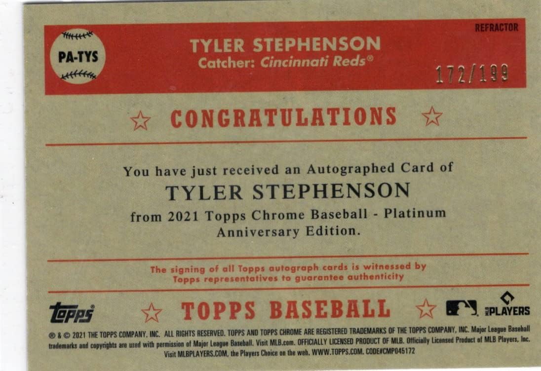 Tyler Stephenson Autographed & Serial Numbered #172/199 Topps Chrome Platinum Anniversary Collectible Baseball Card - 2021 Topps Chrome Platinum Anniversary Series Baseball Card #PA-TYS (Reds) Free Shipping