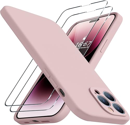 Funda compatible con iPhone 14 Pro, con 2 protectores de pantalla de vidrio templado 9H protección completa de la cámara, funda protectora duradera