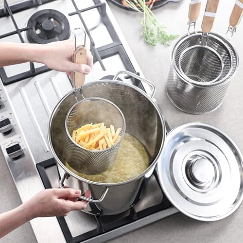 Miniatura 6 de Cesta de alambre para freír, 2 cestas de malla para pasta con mango de madera, colador de araña de malla de acero inoxidable para pasta, fideos,