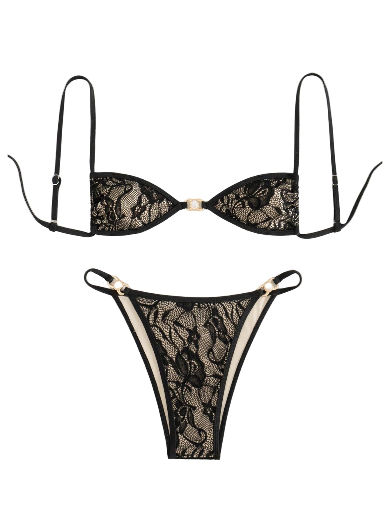 Damskie Bikini Z Kwiatową Koronką, Wysoko Wycięte Stringi 2-częściowy Strój Kąpielowy Siateczki, Czarny, Duży