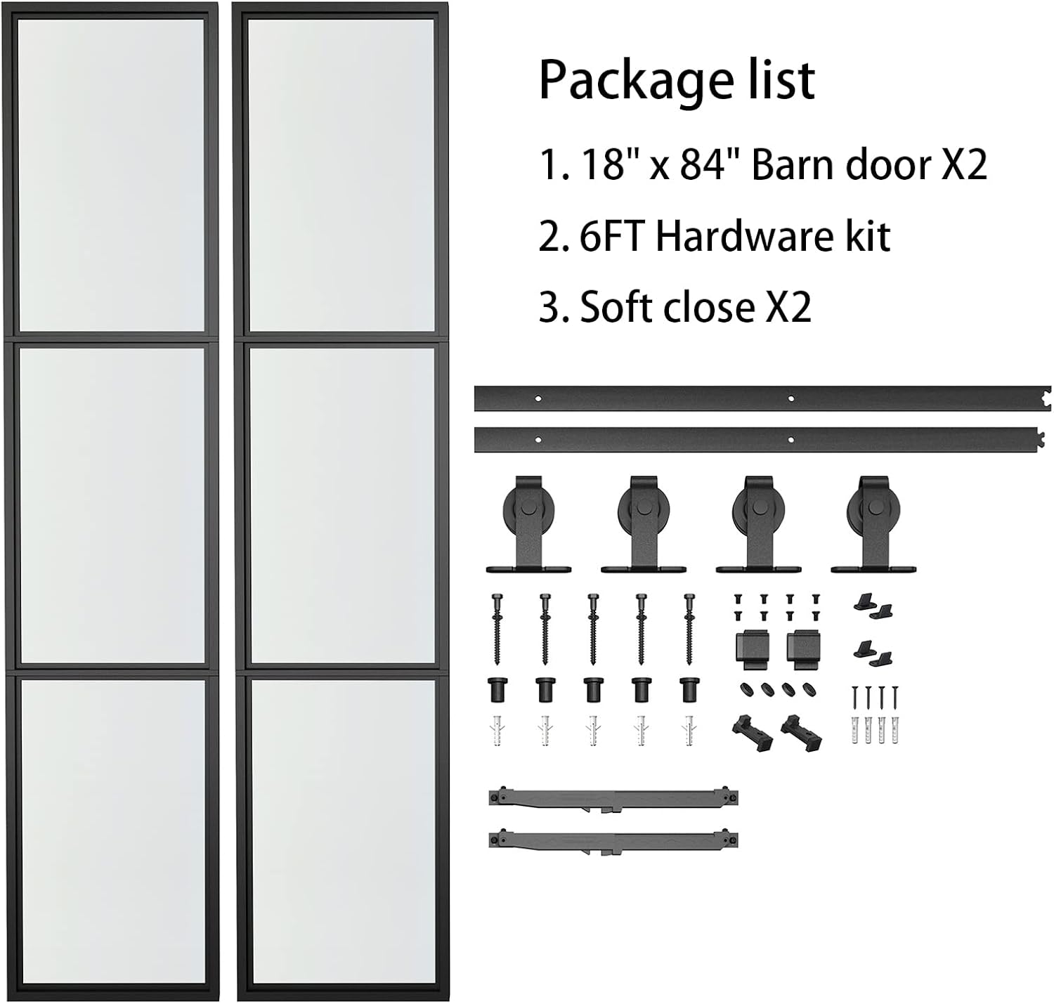 JUBEST 36in x 84in Double Barn Door with 6FT Hardware Kit and Soft Close Mechanism Included, 2 Sets of 18in x 84in 3-Paneled Clear Tempered Glass and Carbon Steel Frame Barn Door, Easy to Install