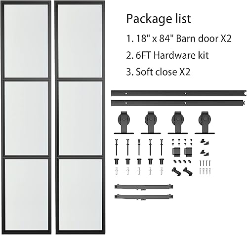 Miniatura 2 de JUBEST Puerta de granero doble de 36 x 84 pulgadas con kit de herramientas de 6 pies y mecanismo de cierre suave incluido, 2 juegos de vidrio