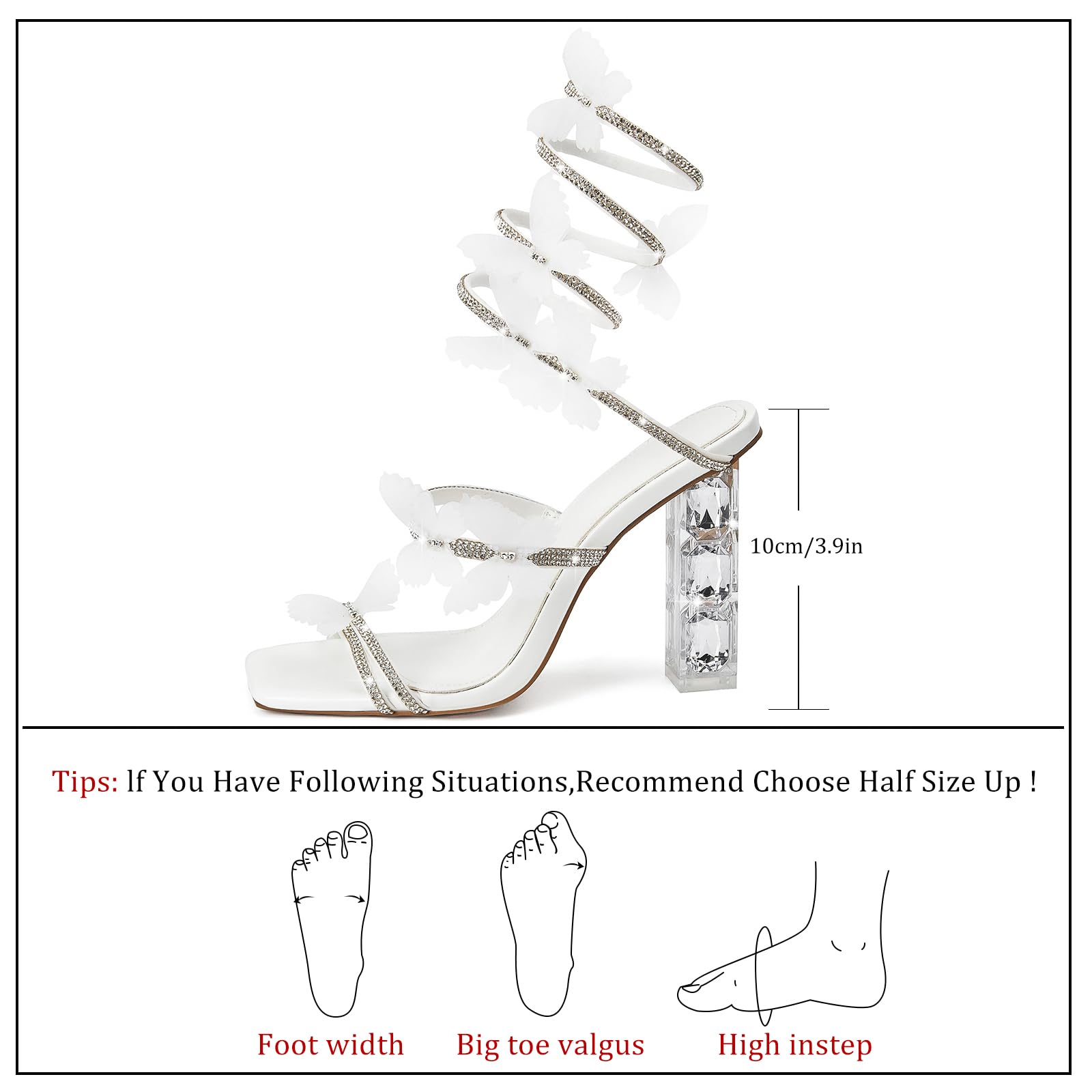 VOZTOLLS Womens Lace Up Sandals Square Open Toe Chunky High Heels Rhinestone Strappy High Block Heel Sandals Sparkly Dress Party Wedding Shoes: 5 White