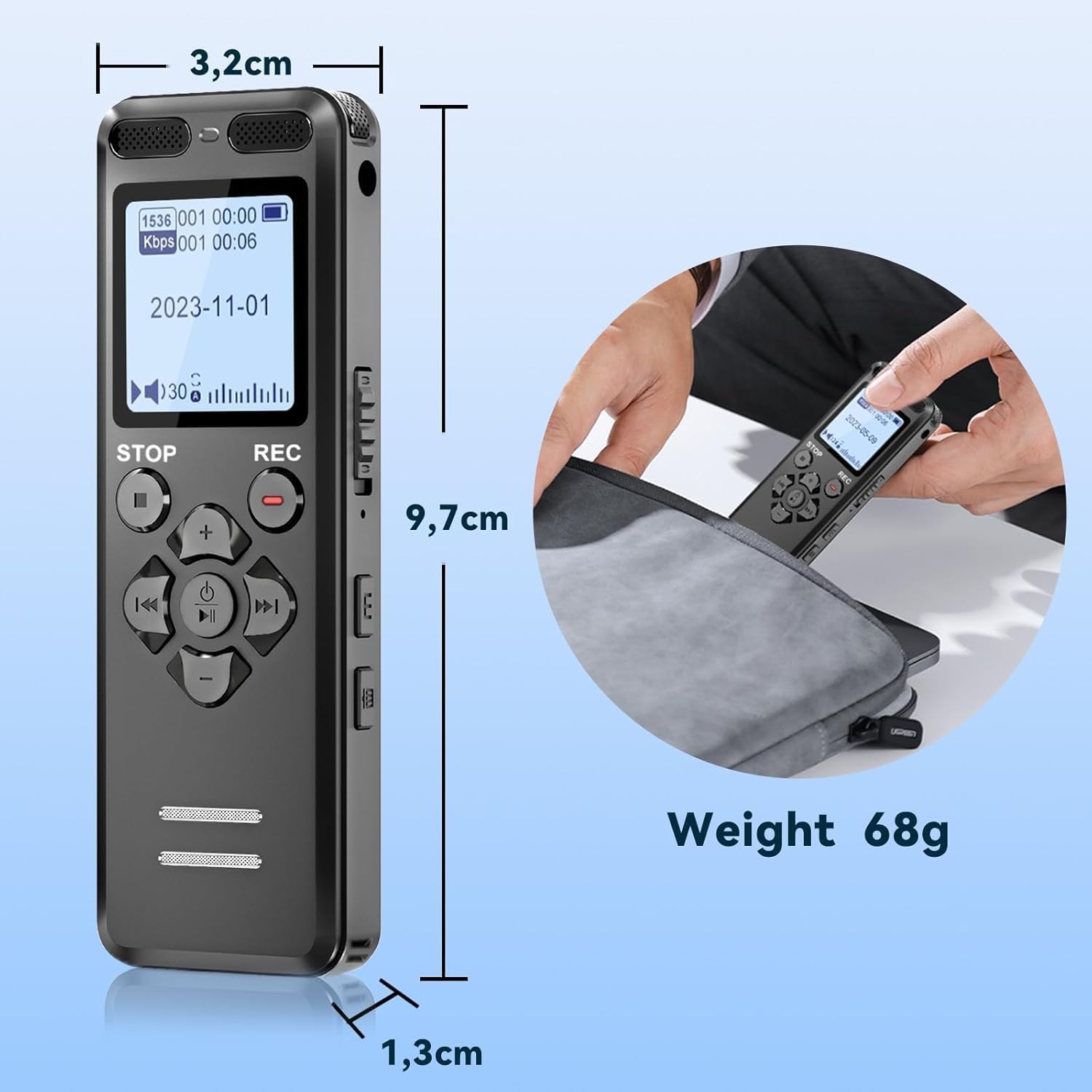 80GB Registratore Vocale, Tonnlog Registratori Vocali Digitali Professionale Portatile con Attivazione Vocale, USB-C Registratore Audio per Lezioni Riunioni, Registrazione/Bloccare con un Solo Clic