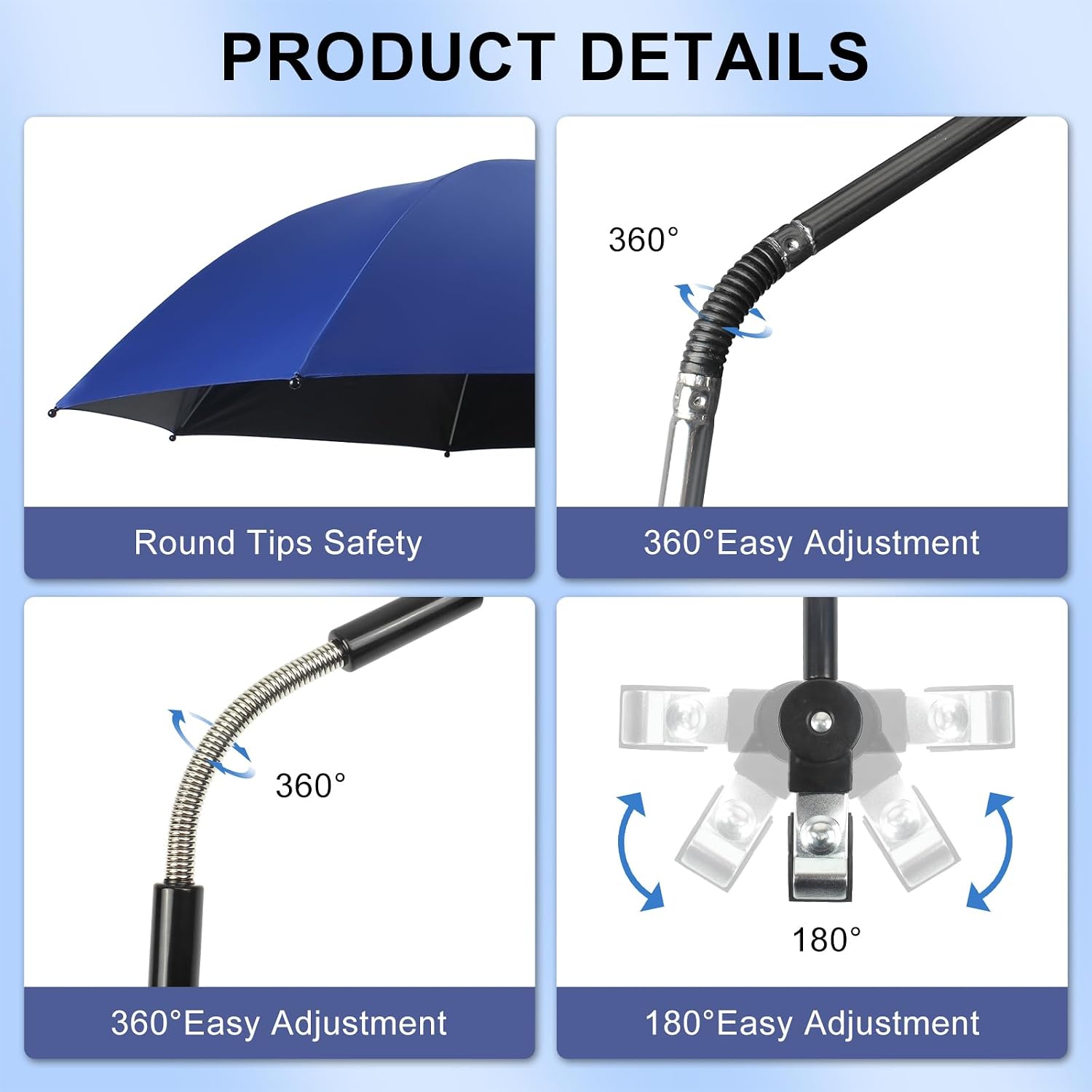 Beach Chair Umbrella with Clamp 360° Adjustable Clip On Umbrella UPF 50+ UV Protection Portable Stroller Umbrellas for Patio Camping Chair, Wheelchair, Golf Carts