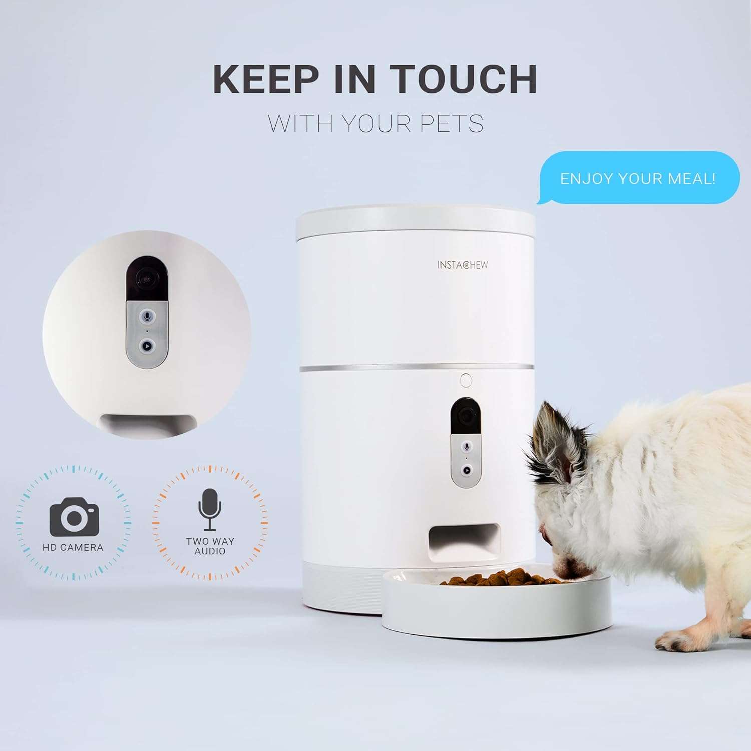 Diagram showing meal time scheduling options for the INSTACHEW Purechew Smart Automatic Pet Feeder, including unlimited meal scheduling, recommended portion sizes (10g-80g), and 4 liters capacity.