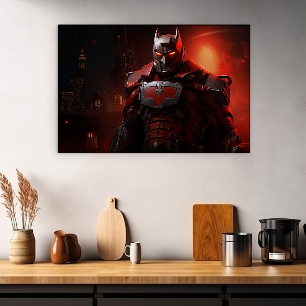 Canvas for Living room. Red Knight Rises: The Crimson Guardian of the Night City, 27 x 18 inch Canvas Wall Art - Ready to Hang