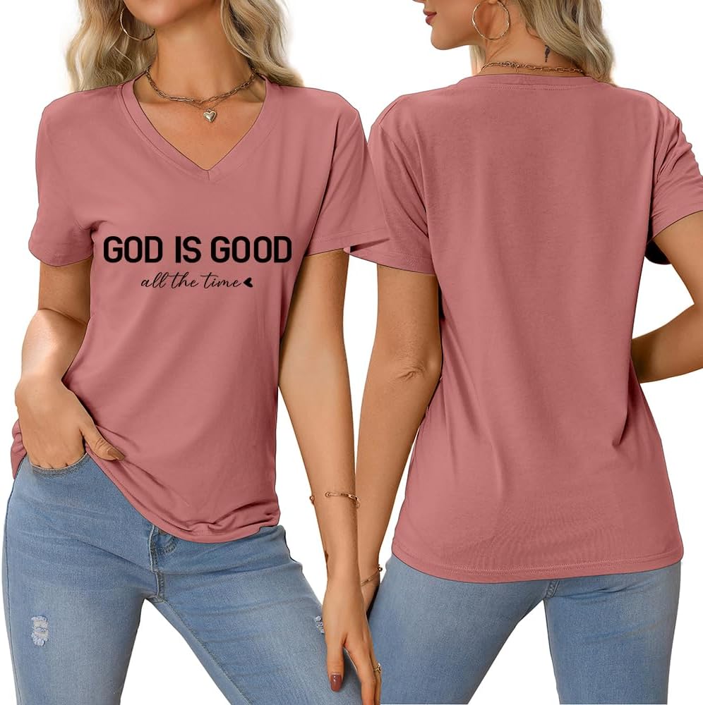 God is Good All The Time Shirt Faith Shirts for Women Graphic Short Sleeve V Neck T-Shirt Trendy Printed Tees Top