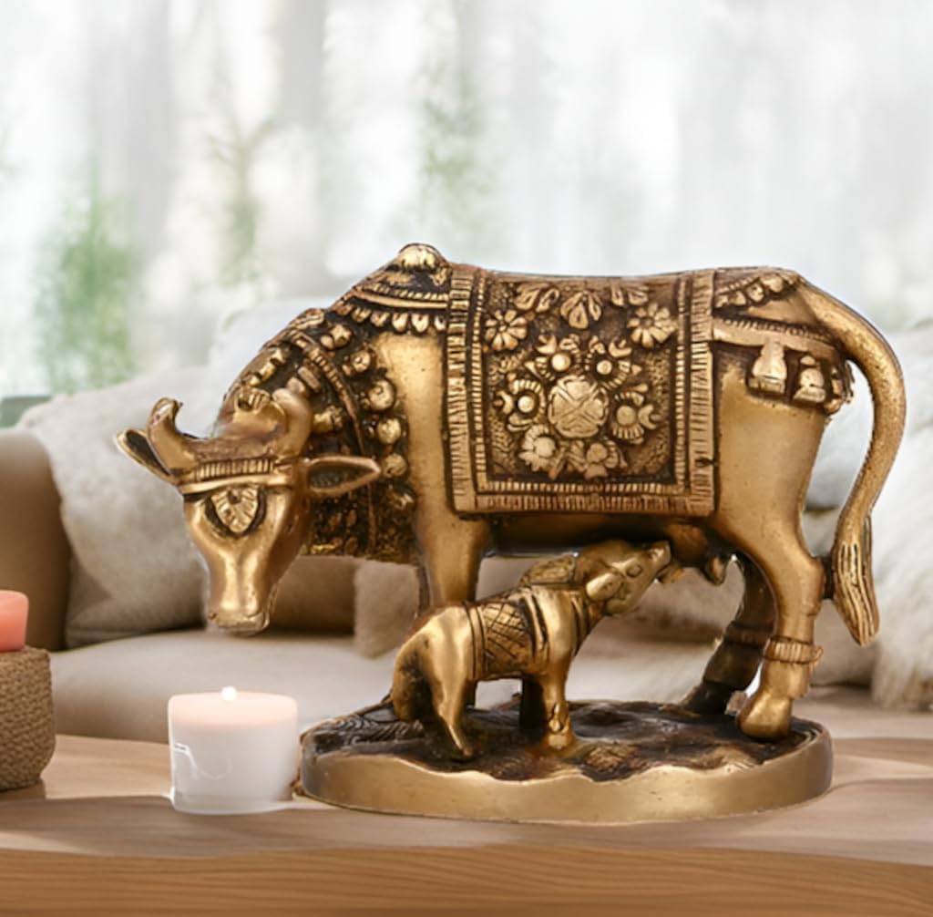 Purpledip Brass Statue Kamdhenu Cow & Calf: Collectible Idol (10014)