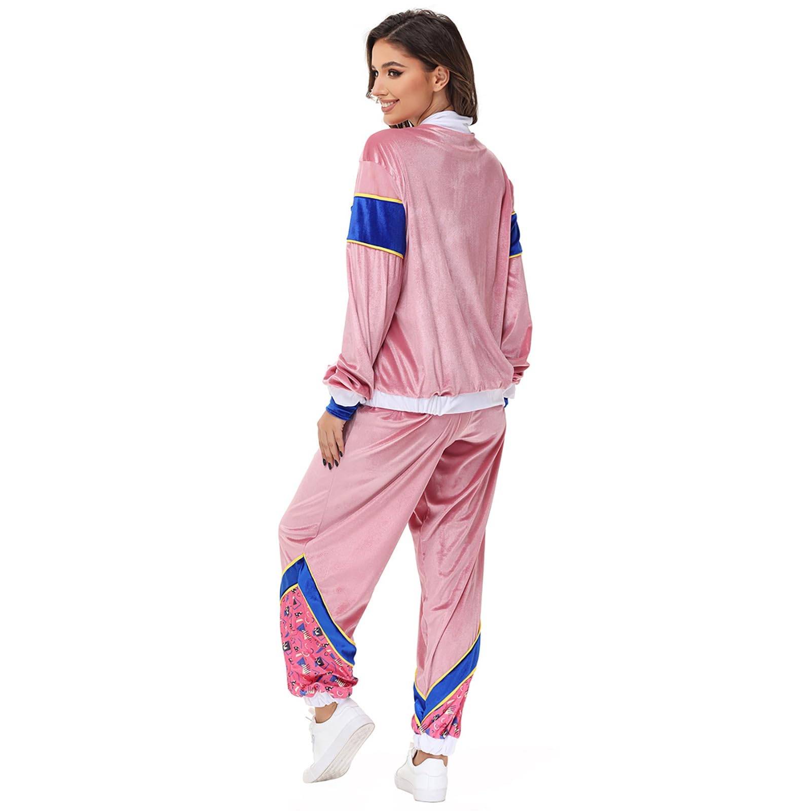 Generisch Faschingskostüme Damen Retro Disco Set 2Pcs, Jacke, Hose Karnevalskostüm Samt Bunt mit Reißverschluss Fasching Kostüm 70Er Party Outfit Lustig Tanzparty