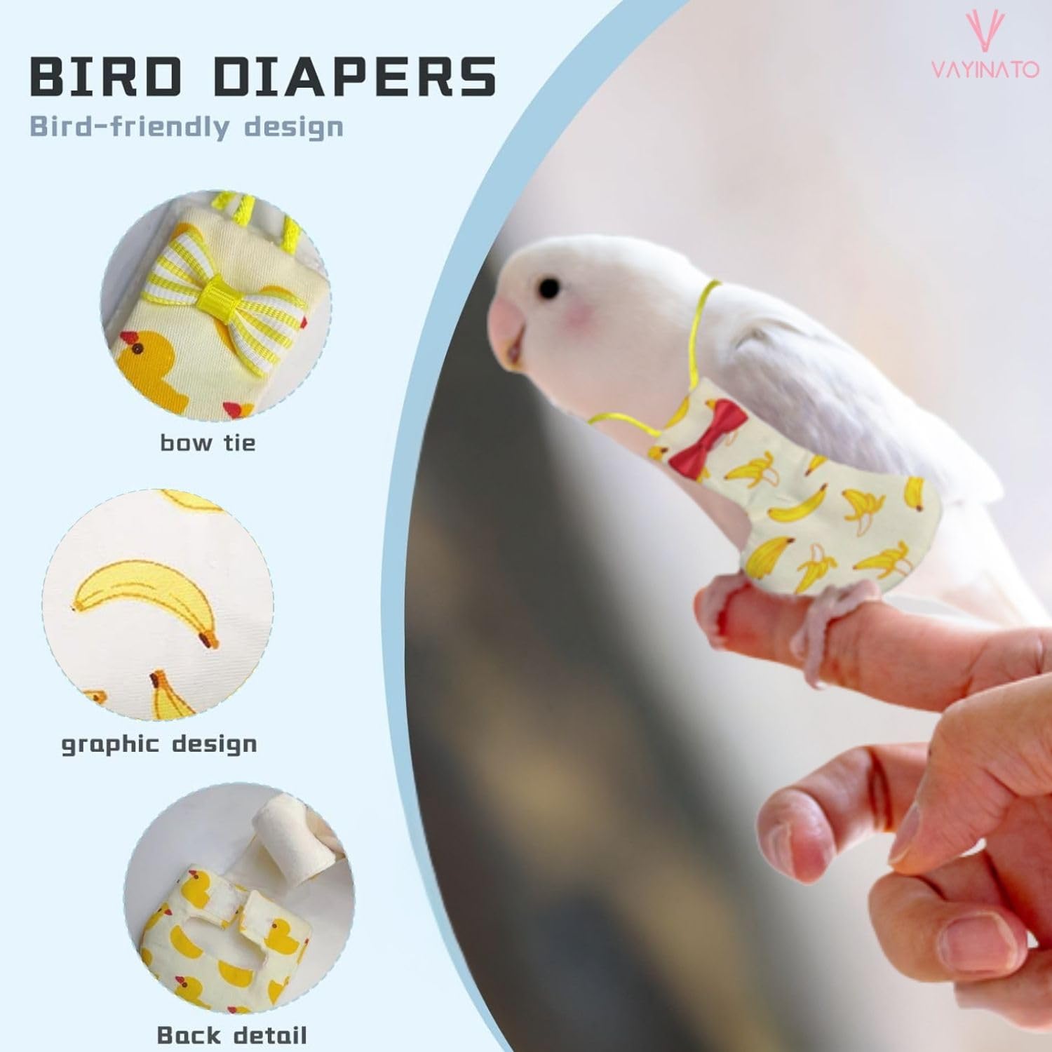 VAYINATO® 1 Pcs Reusable Birds Diaper for Parrot, Budgies, Sun Conures, Lories & Small Birds | Soft Breathable Fabric, Secure Fit for Flight & Ground Use | Easy-Clean Bird Hygiene (Banana) 1