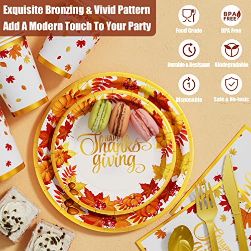 Thanksgiving Party Decorations - 291 Pcs Fall Birthday Party Supplies Disposable Dinnerware Set(25 Guest) With Maple Leaf Paper Plates Napkin Tablecloth Backdrop Balloon Garland Kit For Autumn Holiday #TOP6