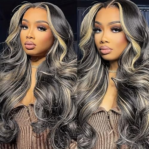 MUZOJET 1B/27 Highlight Ombre Balayage 13x6 Lace Front Wigs Human Hair Black and Blonde HD Transparent Lace Front Wig Human Hair Pre Plucked with Baby Hair for Black Women 180% Density 26 Inch