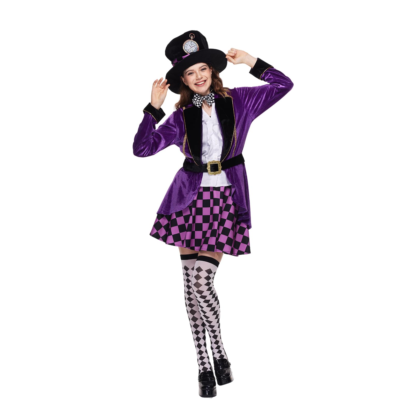 EraSpooky Adult Women Hatter Costume Mad Tea Party Purple Halloween Fancy Dress 6 Pc Set including Accessories Size S