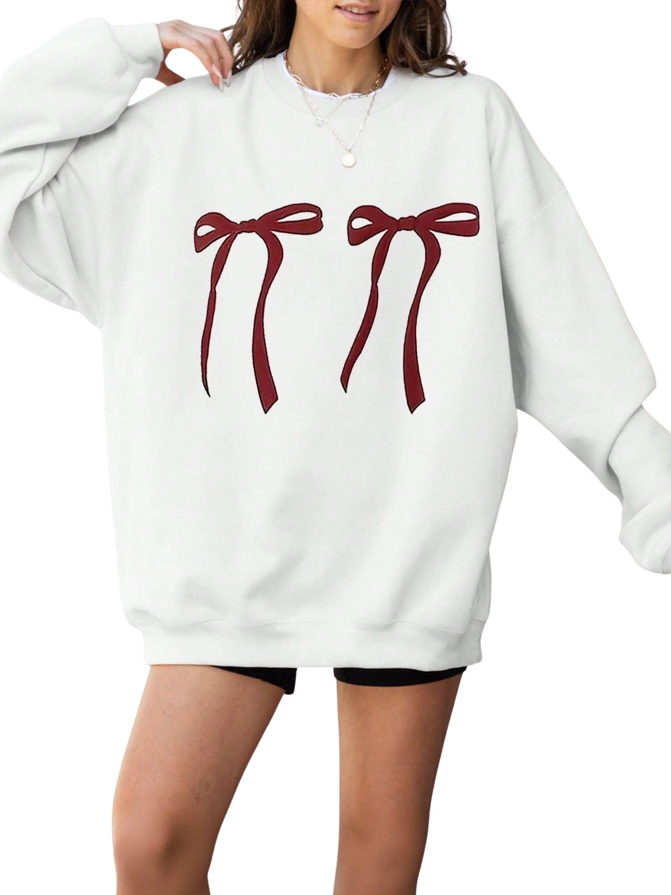 sxv style Women's Sweatshirt with Red Bow Print, White, Oversized Crewneck, Long Sleeve-picture-36