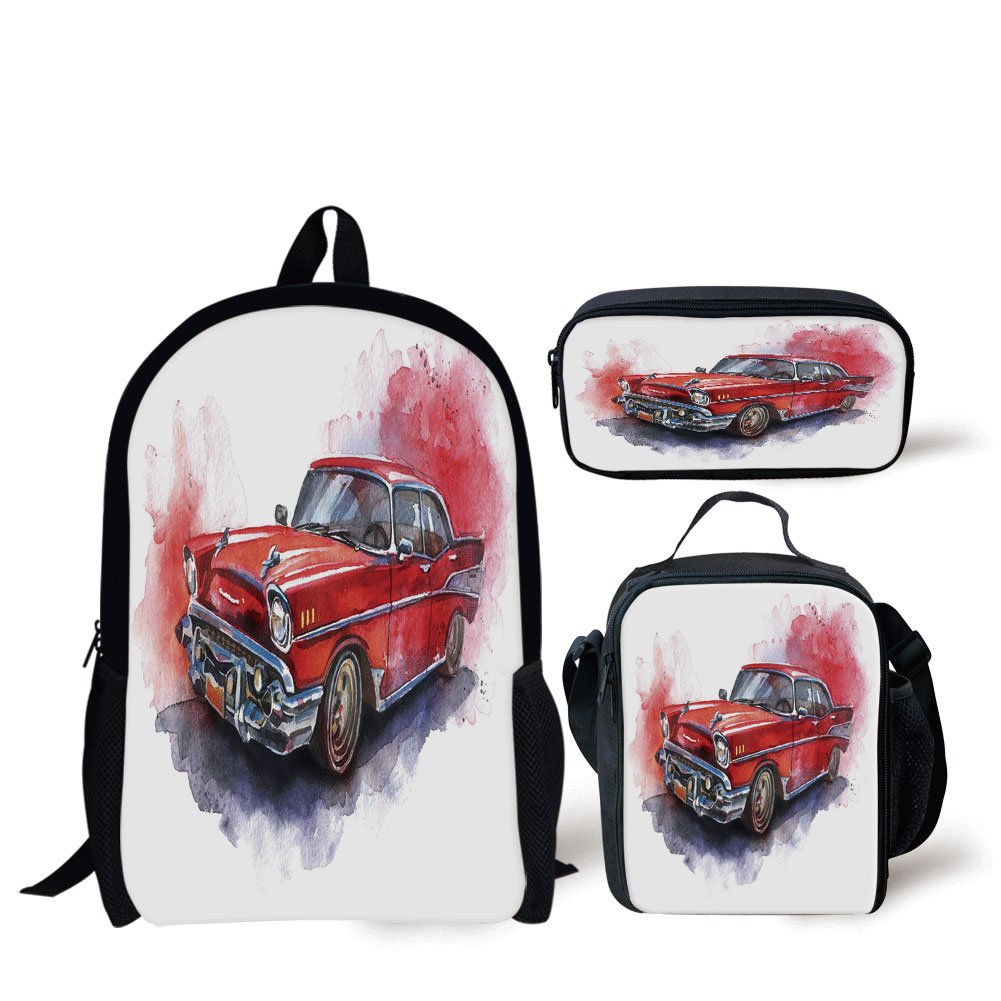 iPrint School Lunch Pen Bags,Watercolor,Hand Drawn Old Fashioned Car Antique Motor Vehicle Retro Outdated Abstract Art Decorative,Red Dimgrey,3 Piece Set