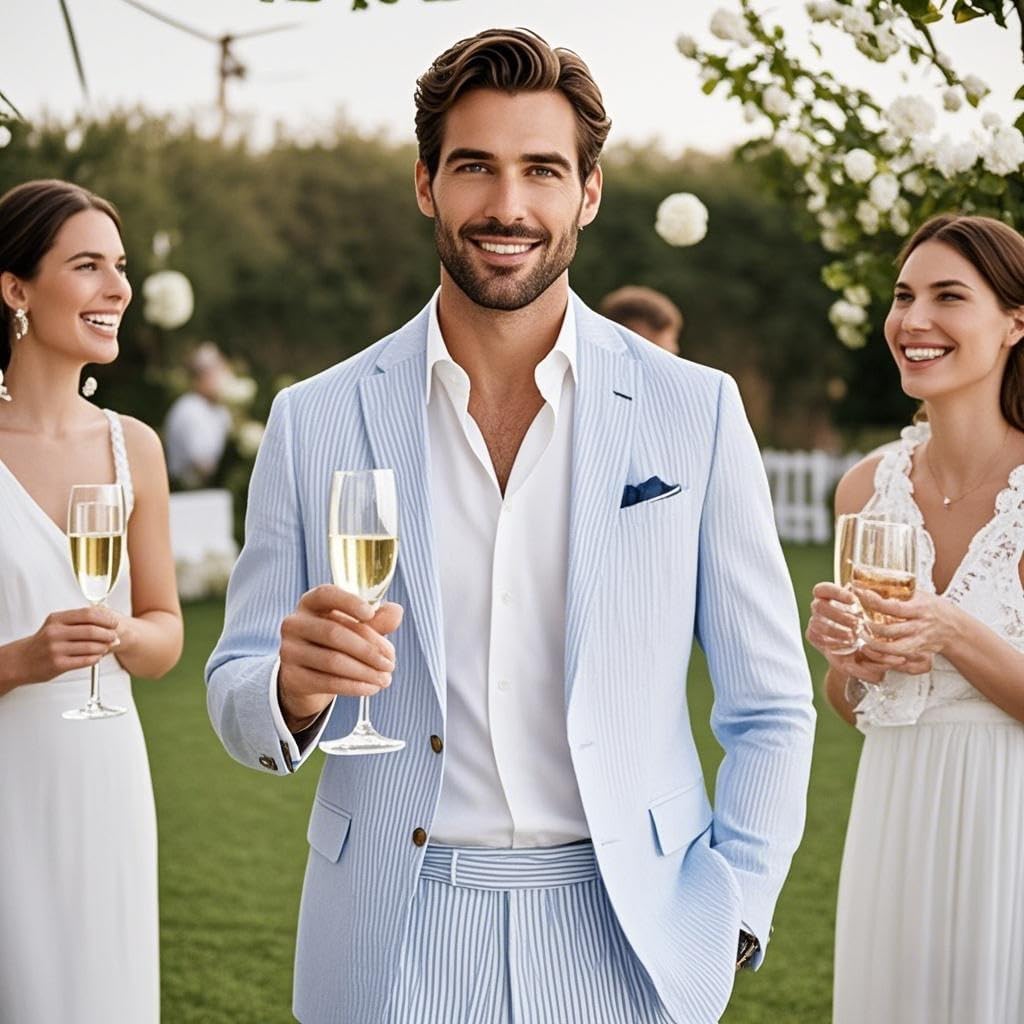 Mens 2-Piece Suits Summer Seersucker Tuxedos Big and Tall Suits Wedding Stylish Comfortable