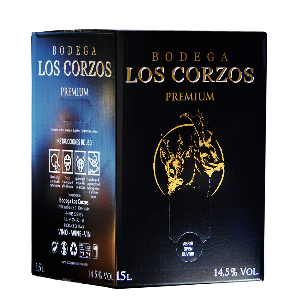 Bag in Box 15L Vino Tinto PREMIUM (Equivalente a 20 Botellas de 750 ml) vino tinto con grifo y asa incorporada con la máxima calidad de Bodega Los Corzos Bag in Box Tempranillo 15L Vino Tinto Recomendado (Equivalente a 20 Botellas de 750 ml) caja de vino tinto con grifo mucha calidad uvas seleccionadas vinos tintos Bodega Los Corzos