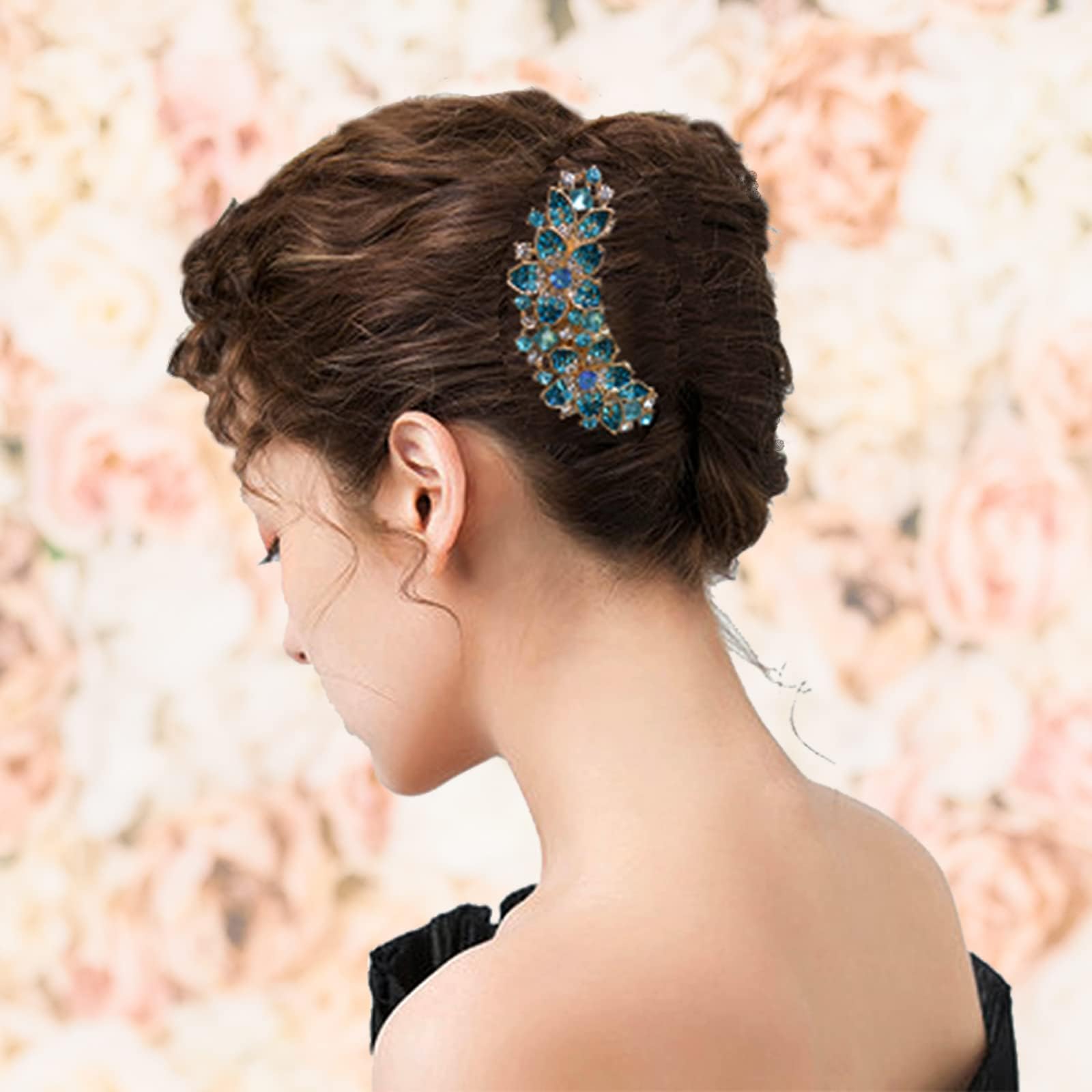 Pettine per capelli da donna con fiori intarsiati e strass, accessorio per capelli da sposa, pettine laterale per ragazze, idea regalo (blu)