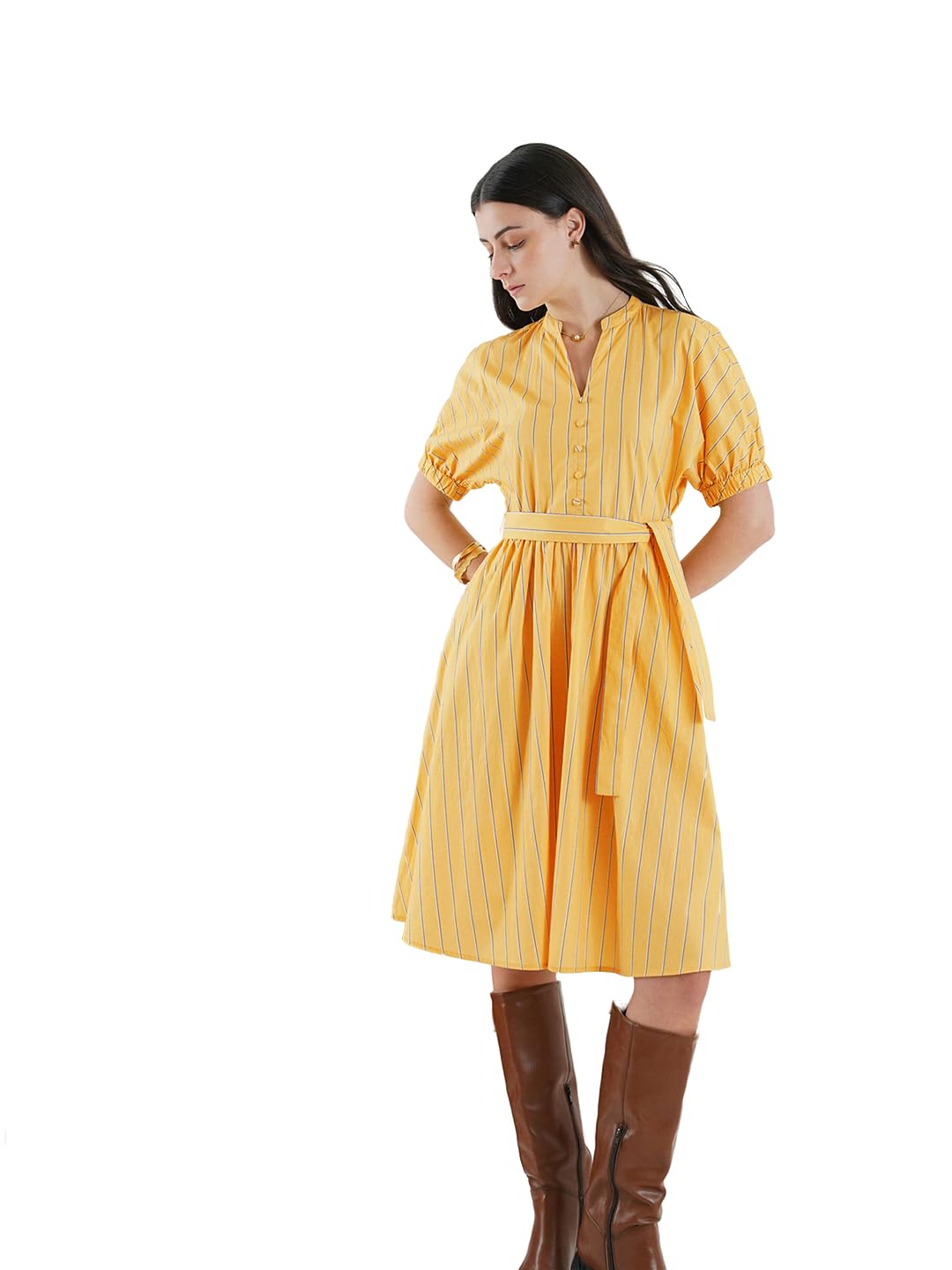 fablestreet Women Casual Dress | Comfortable Fit & Flare V-Neck Short Sleeve Striped Pattern | Lightweight Cotton & Belted Style Summer Outings-picture-17