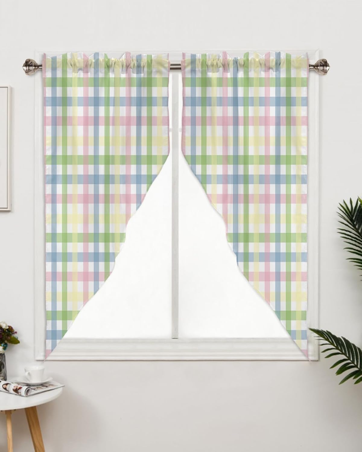 QueenKer Spring Swag Valance Curtains for Living Room, Small Window Topper Curtains Easter Colorful Buffalo Plaid Rod Pocket Windows Curtain Tiers for Kitchen Bathroom Windows, 72" W x 45" L