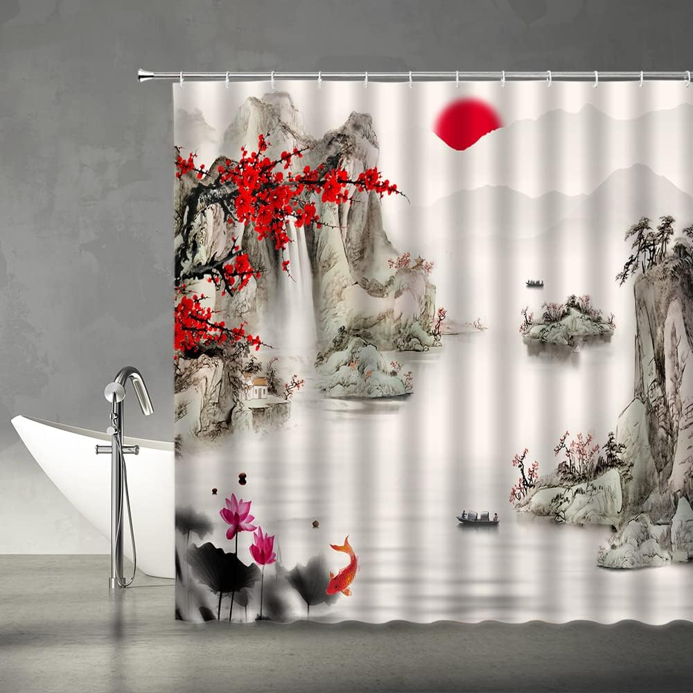 Asian Shower Curtain Red Plum Bossom Branch Sun Mountain Koi Fish Oriental Art Traditional Japanese Ink Painting Landscape Fabric Bathroom Decor Set with Hooks(70" Wx84 H)