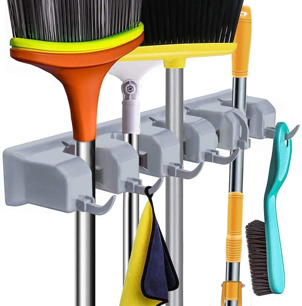GaxQuly Multipurpose Wall Mounted Mop and Broom Holder spring loaded and anti skid control ball slots Ideal Broom Hanger For Kitchen Garden And Garage, 4 Slot Position with 5 Hooks for hanging up to 9 Tools for home(Color May Vary)
