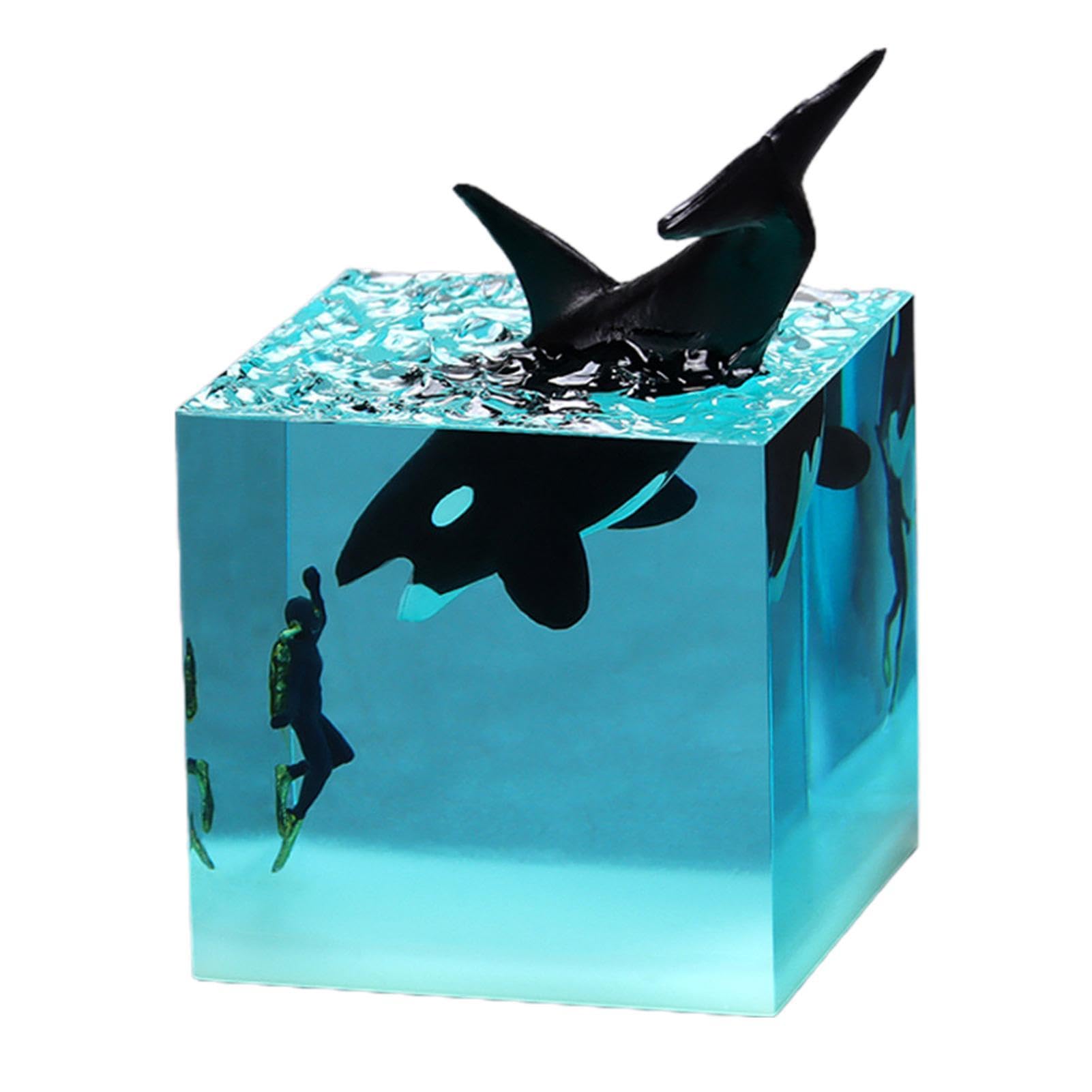 Handmade Resin Shark Lamp - Underwater Shark Night Light | Wireless LED Cube Night Light | Battery Operated Mood Lamp with Remote Control | Night Lights for Desktop, Living Room, Bookshelf