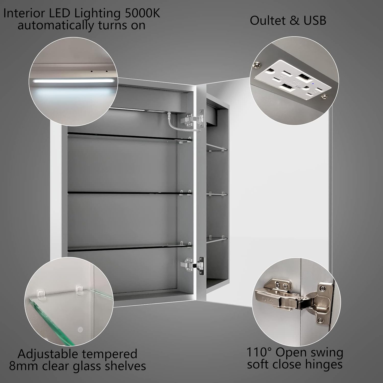 Interior view of the ExBrite medicine cabinet showing LED lighting, outlets, adjustable shelves, and soft-close hinges