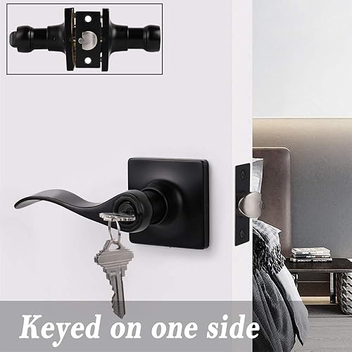 Miniatura 6 de knobelite Palanca de puerta exterior, 1 paquete de cerradura de puerta de entrada, cerradura de seguridad, manija de puerta ondulada negra para