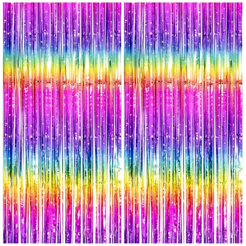 Image of Thicken Neon Rainbow Streamers 2 Pack 3.3 x 6.6 FT, Tinsel Backdrop Curtains for Birthday Decrorations, Foil Fringe Photo Backdrop for 80s 90s Disco Party Decorations