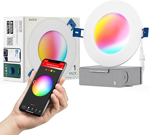 Luz LED inteligente empotrable delgada de 4 pulgadas, aplicación WiFi y control de voz, 120 VAC, 9 W, 600 LM, RGB + 2700K-6000K, clasificación ETL y
