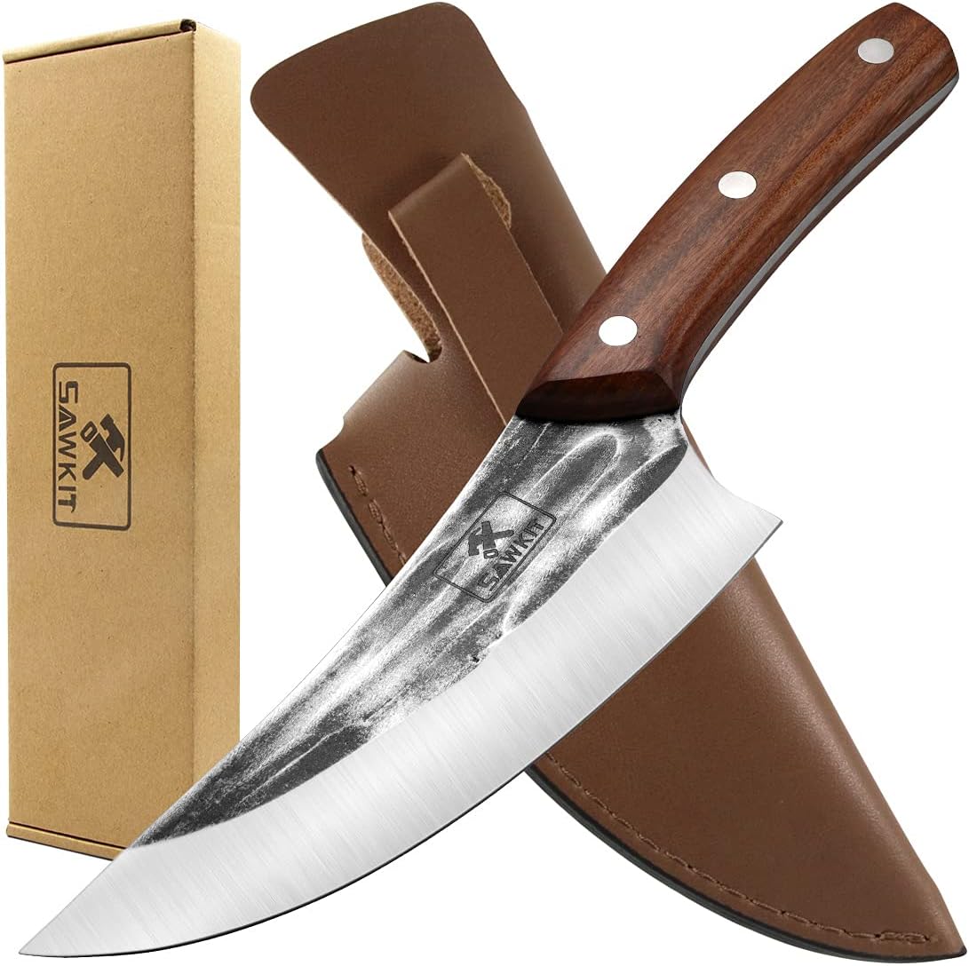 sawkit Boning Knife,Meat Cleaver Knife Hand Forged Boning Knife Chef's knife er Knives High Carbon Steel Fillet Knife Vegetable Chef Knives with Leather Sheath for Kitchen, Camping, BBQ