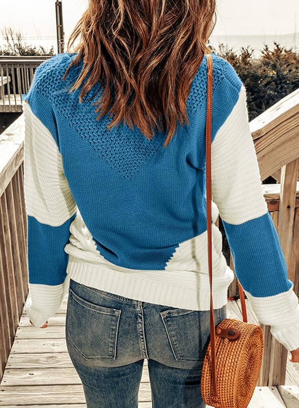 Image of Dokotoo Womens Crochet Crewneck Long Sleeve Pullovers Color Block Tunic Ribbed Sweaters Jumper Tops