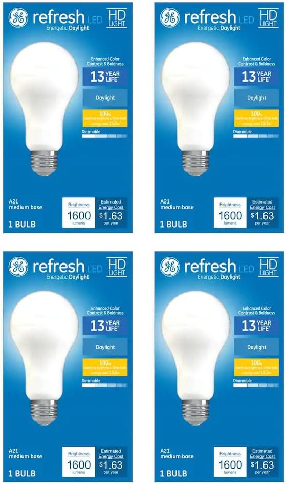 (4 Bulbs) GE Refresh LED A21 1600 lumens, 100 watt Equivalent Using only 13.5 watts, Bright Energetic Daylight
