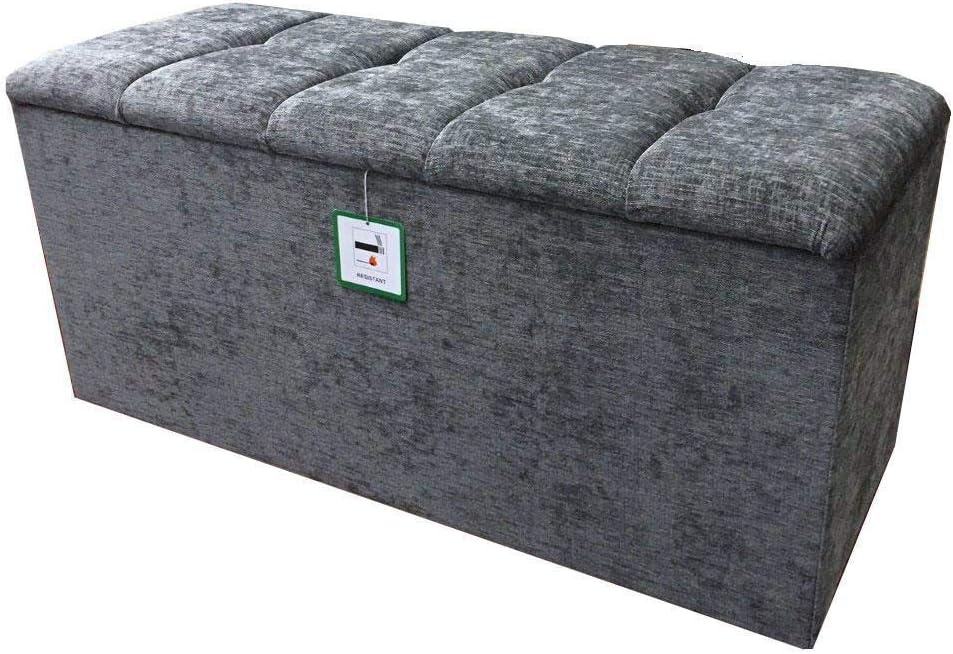 Large Stylish Charcoal / Grey Chenille Fabric Crystal Diamante Ottoman Toy Storage & Blanket Box By Nice Headboards
