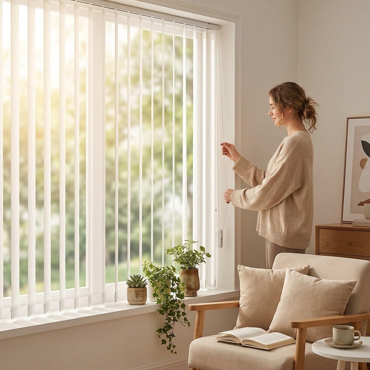 White Panel Track Vertical Blinds for Sliding Glass Doors, Light Filtering Fabric Vertical Window Shades, Privacy Room Divider for Patio Door and Large Windows, 3.5inch Slat, Cordless(W72x H78in)