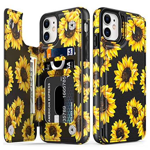 LETO iPhone 11 Case,Leather Wallet Case with Fashion Floral Flower Designs for Girls Women,with Kickstand Card Slots Cover,Protective Phone Case for Apple iPhone 11 6.1" Blooming Sunflowers