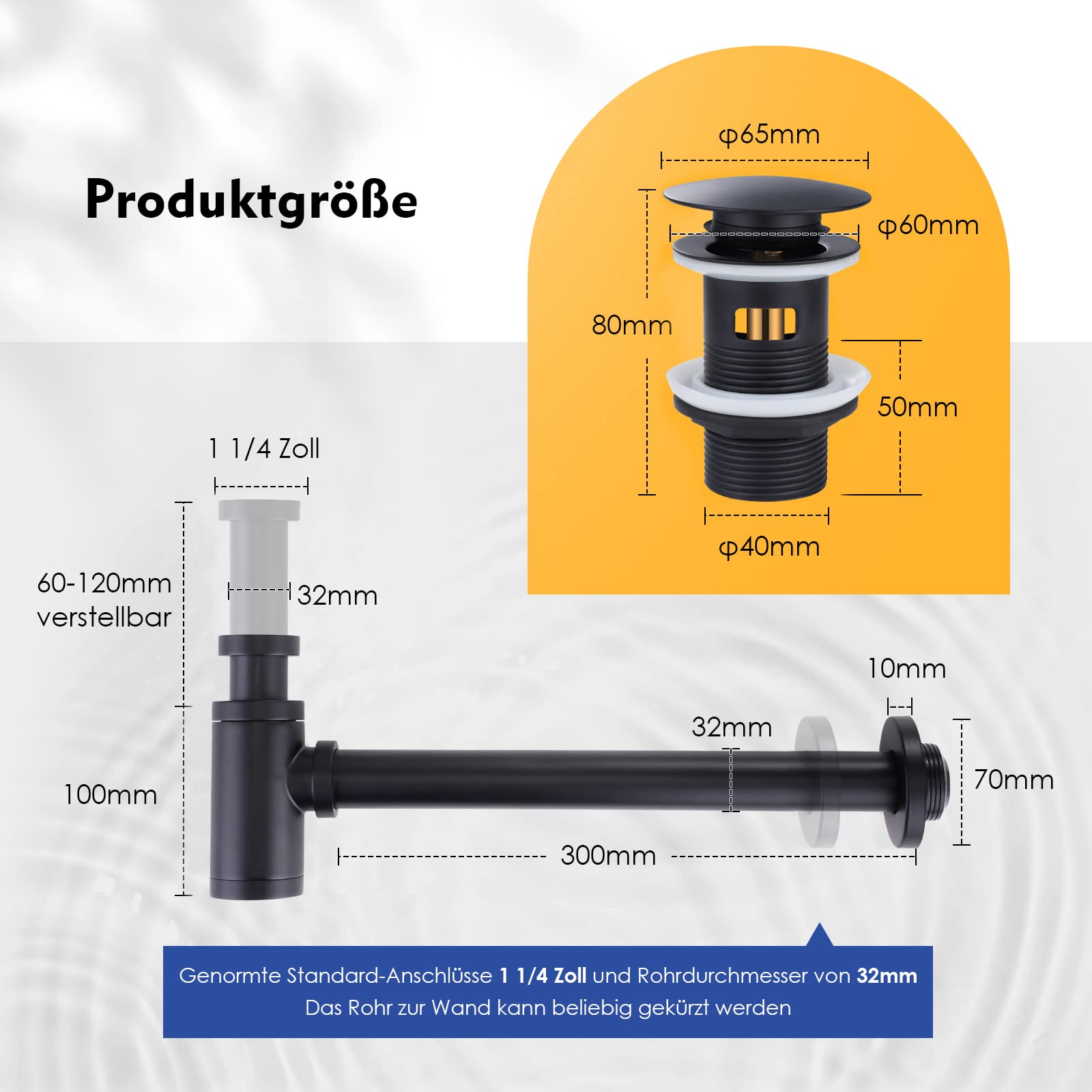 Siphon avec vidage, siphon noir pour lavabos et avec trop-plein, siphon bouteille 1 1/4 x 32 mm, réglable en hauteur